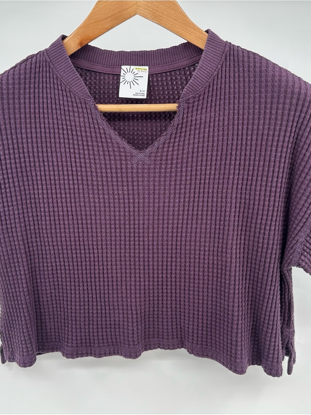 aerie Waffle-Knit V-Neck Crop Top - Plum Purple